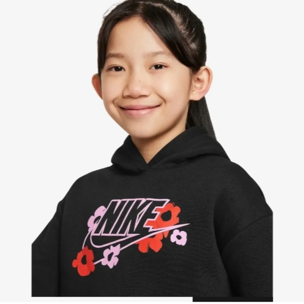 SALE Nike Kids Black Hoodie with Pink and Red Floral Accents